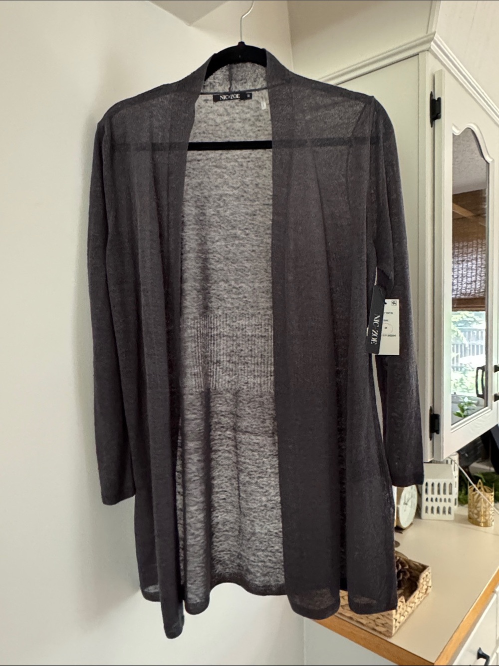 NIC+ZOE Sheer Open-Front Cardigan in Charcoal Gray